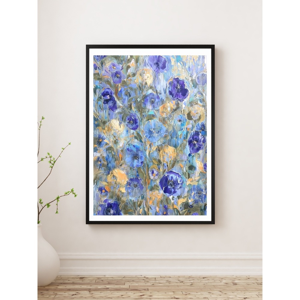 Floral Artwork Blue Purple Yellow Flowers 12x16 Canvas Painting Re-Print wallArt